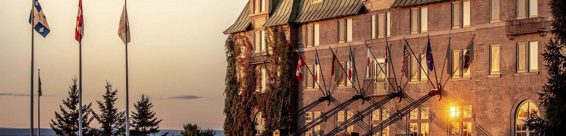 Exterior shot of manoir richelieu at sunset