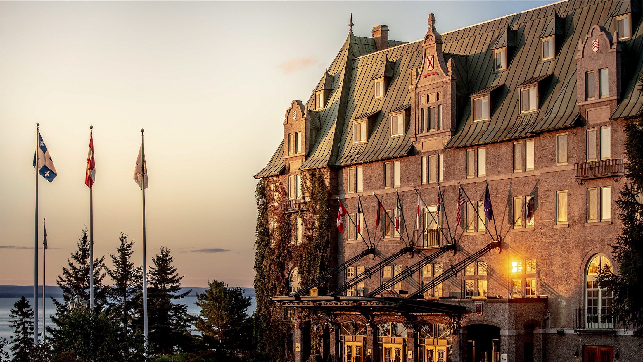 Exterior shot of manoir richelieu at sunset