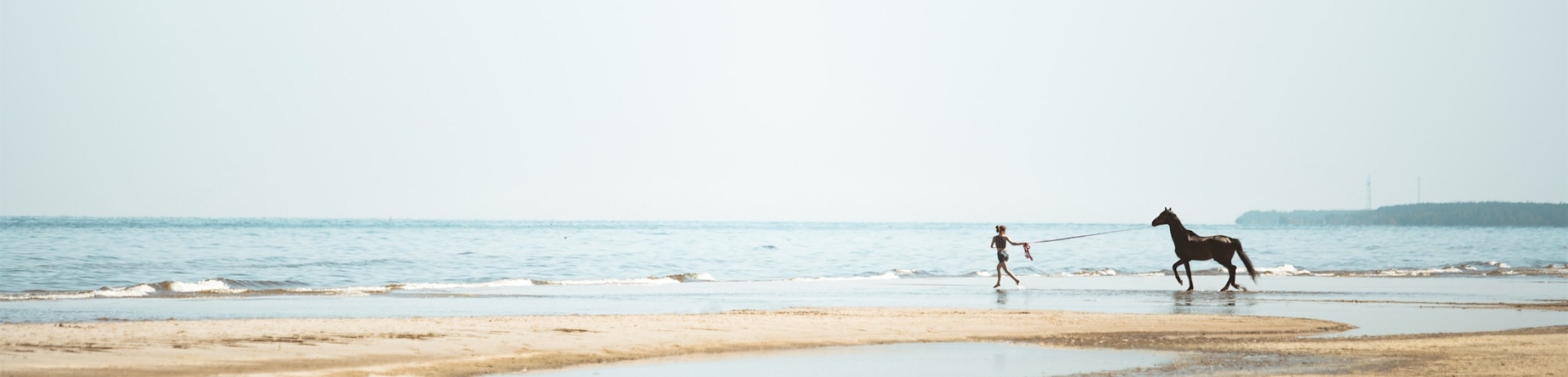 femme guidant un cheval sur la plage