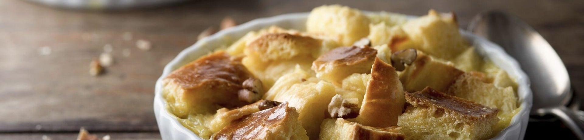 bread pudding in small white dish