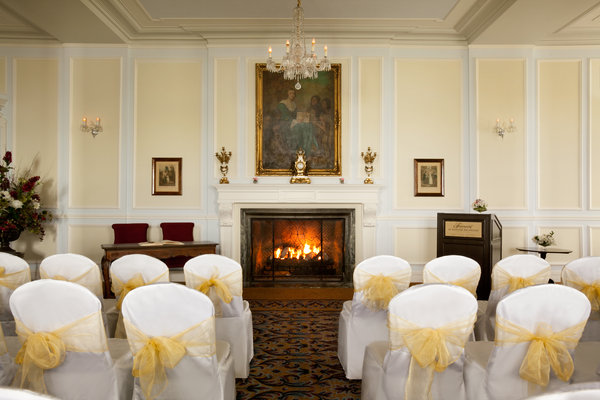 room with chairs and a podium